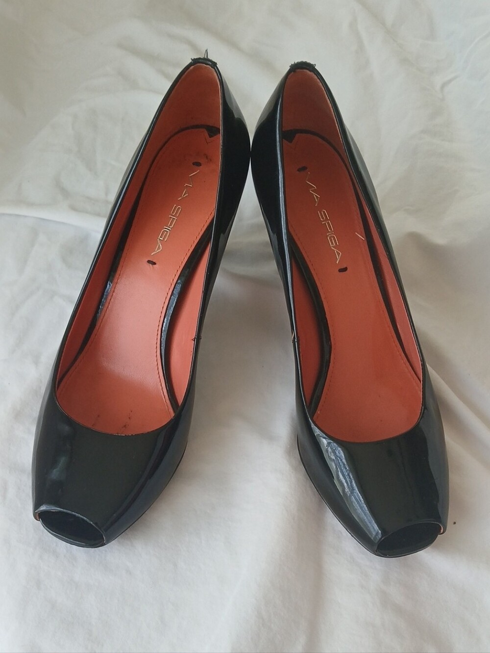 Via Spiga Black Patent Peep-Toe Pumps with Orange Insoles